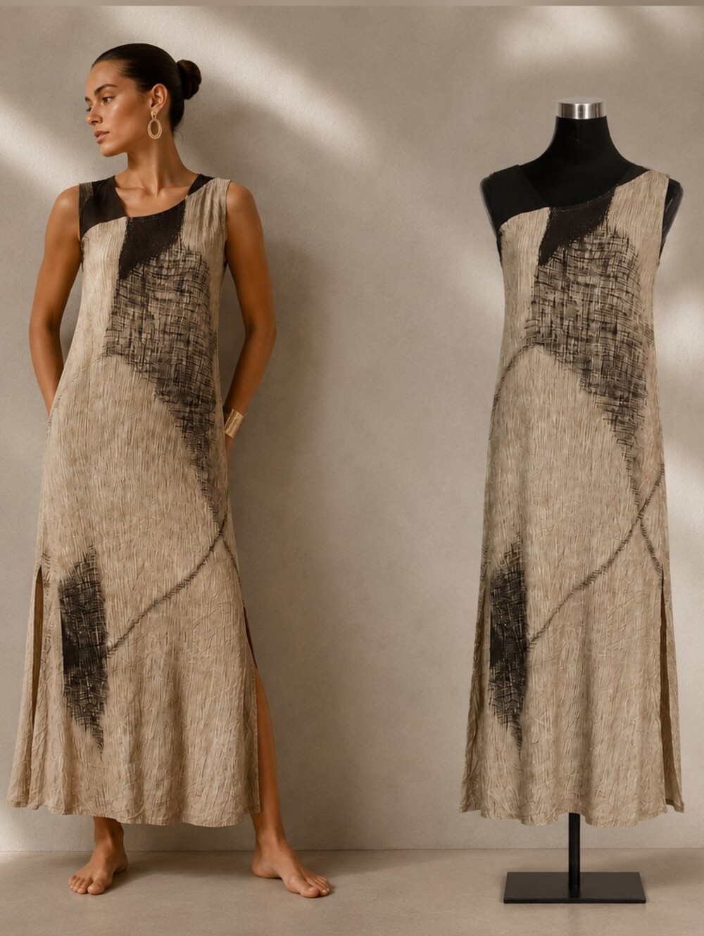 Animale Maxi Dress M Beige  Abstract Print Viscose Side Slits Minimalist Boho